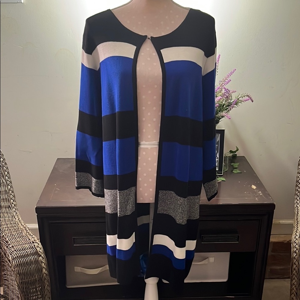 ✔️Kasper Women's Striped Cardigan Sweater - Black, Blue, White